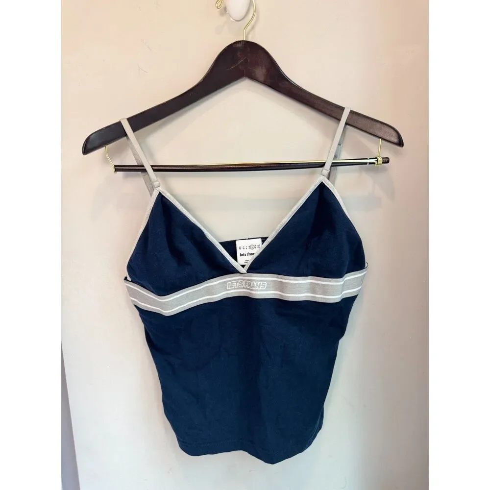 iets frans Camisole Top Large Navy Blue Cotton Spandex Y2K Tank Striped Detail